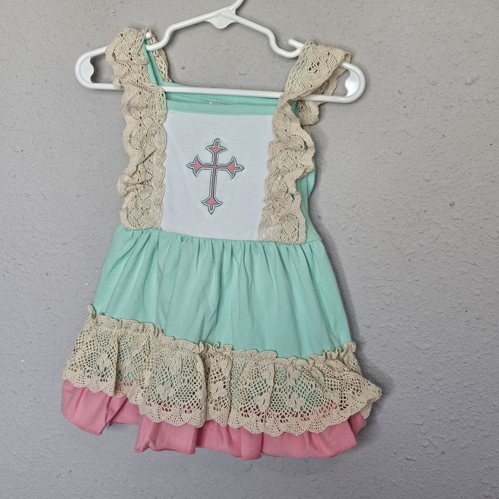 Dash of Glitter Kids Mint Pink Lace Ruffle Cross Easter Boutique Dress 2XS 6-12M